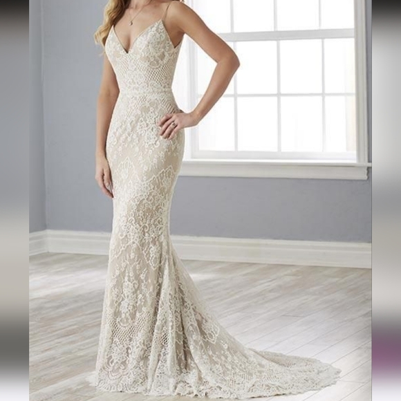 STUNNING CHRISTINA WU PRIVATE TAN/LACE  FITTED WEDDING DRESS 18143 - Picture 2 of 16